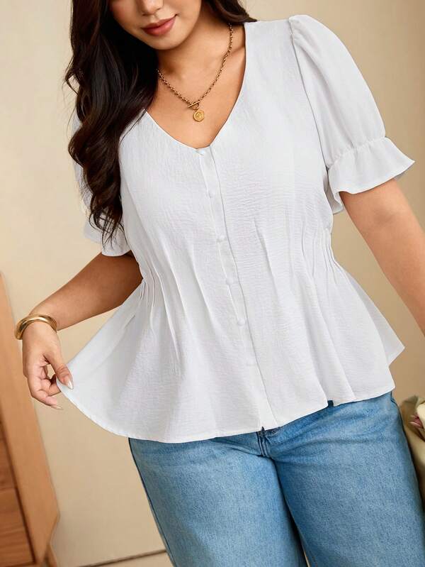 Edennvi Plus Size Women's Summer V-Neck Simple Solid Color Ruched Waist Skirt Hem Blouse