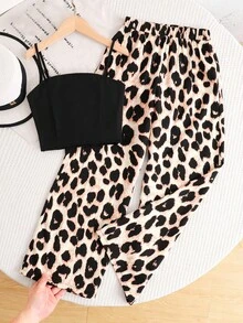 SHEIN Tween Girls Leopard Print Tank Top And Pants Co-Ord Set - Multicolor - View 2