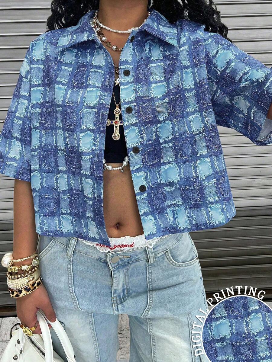 SHEIN Women's Plaid Casual Loose Short Sleeve Shirt - Blue - View 1