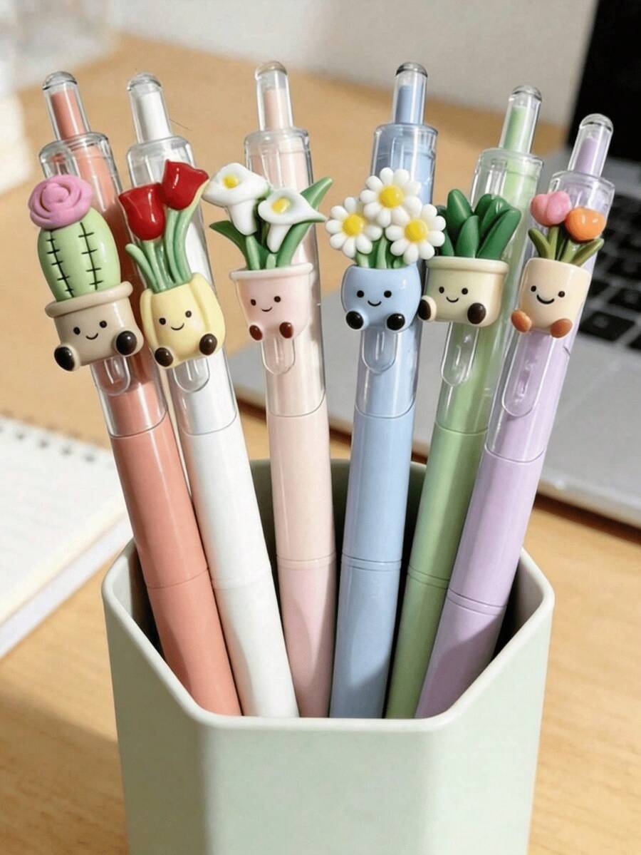 6 Sets Of Creative Plant-Themed Retractable Ballpoint Pens, 0.5mm Flower Quick-Drying Pens, Stylish And Simple Neutral Pens, With Smooth Writing; Suitable For Diaries&Paintings; The Best Choice For Writing&Office Work; Suitable For Students, Schools - Creative Flower Press Pen - View 1