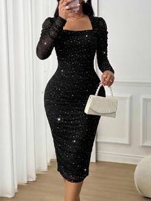 SHEIN Lady Women's Fashion Party Sequin Fitted Midi Dress - Black - View 9