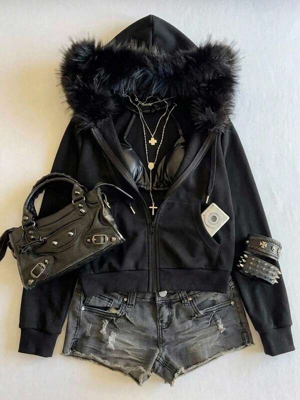 Attitoon Women's Casual Retro Front Zipper Fur Collar Hoodie Sweatshirt, Suitable For Autumn/Winter