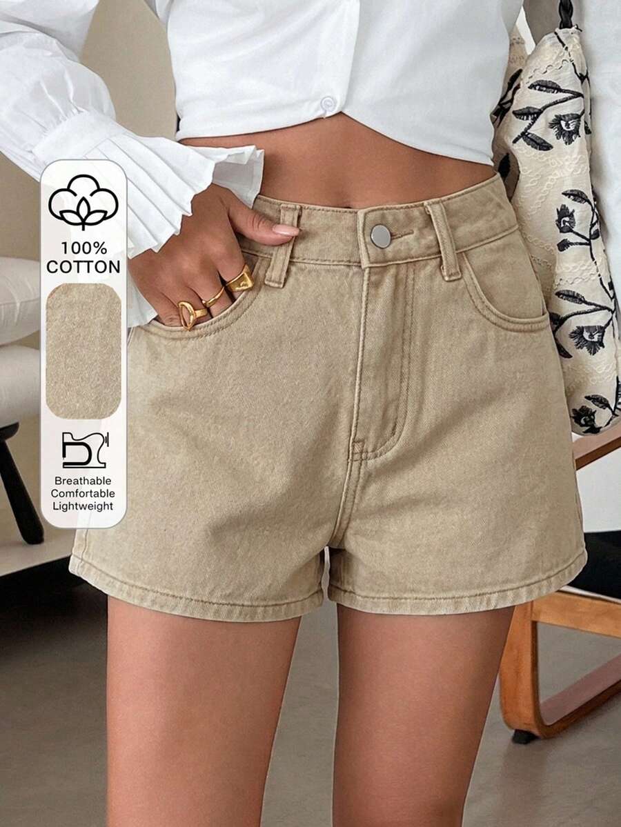 DAZY 女款寬鬆直筒純色卡其色牛仔短褲,適合夏季與秋季 - 卡其色 - 查看 1