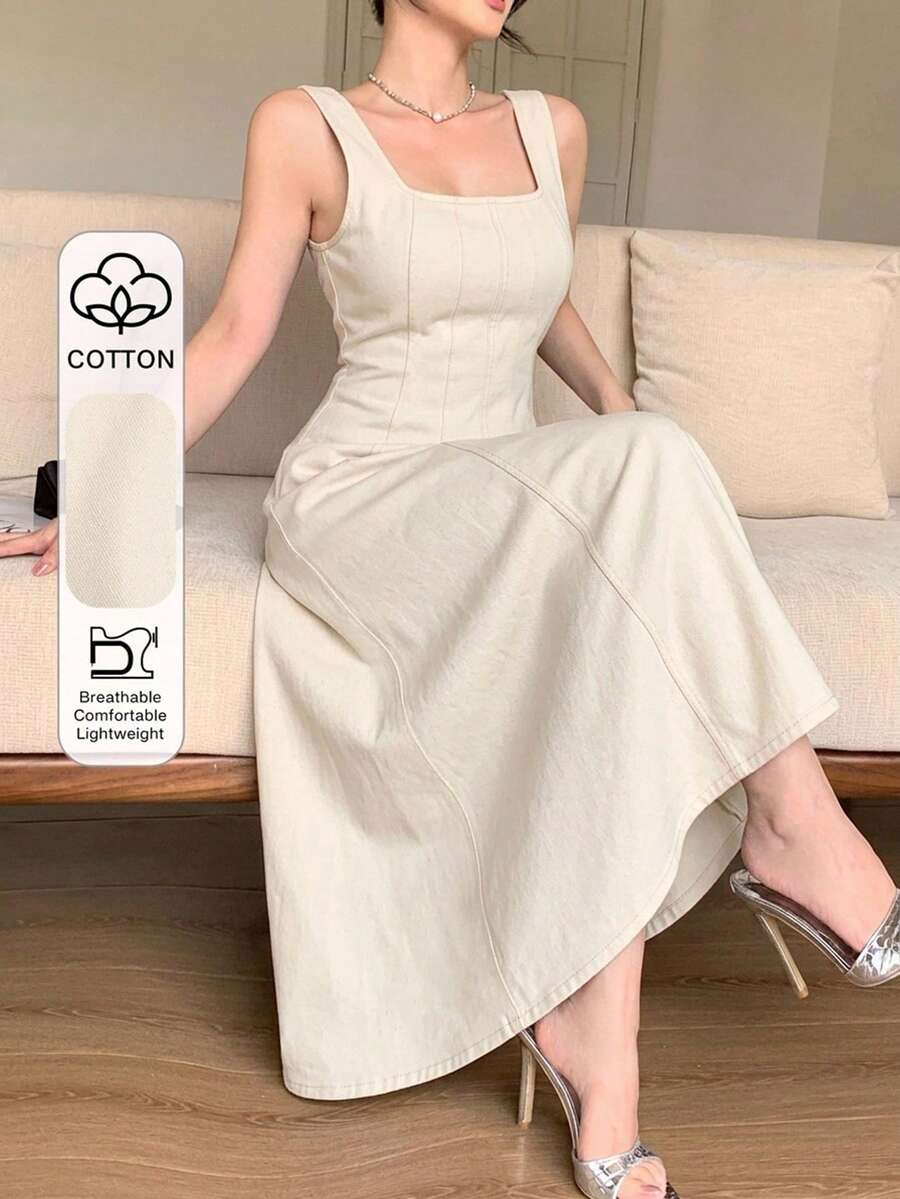 DAZY 春夏秋休閒收腰喇叭下擺背心洋裝 白色女款牛仔洋裝 - 白色 - 查看 1