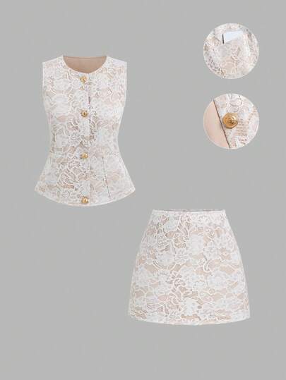 EgrlEra French Vintage Royal White Floral Lace Vest And Pants 2 Pieces Set, Office Suit Vest Set For Women, Exquisite Gold Buttons, Elegant Commuter Old Money Style, Sleeveless Vest Crop Top, Versatile High Waist Skirt Set