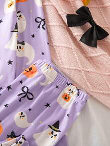 Tween Girl Ghost Print Long Sleeve Top & Leggings Snug Fit Loungewear - Purple - View 3