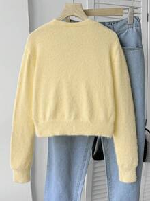 SHEIN Teen Girl Solid Color Drop Shoulder Long Sleeve Casual Knit Cardigan - Yellow - View 2
