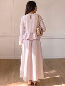 Solavon Women's Bow Decor Ruffle Hem Top And Long Skirt Arabic Costume Set - Baby Pink - View 5