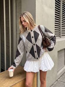 SHEIN Women's Autumn/Winter New Fashion Vintage Contrast Color Argyle Pattern Knitted Button Cardigan - Khaki - View 1