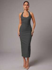 Silquee Women's Spring/Summer Solid Dark Grey Halter Neck Backless Dress Night Out Date Night Sexy - Grey - View 1