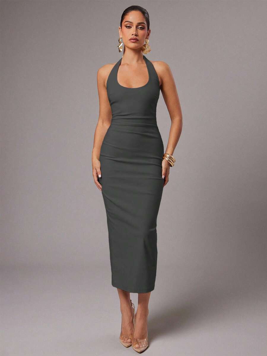 Silquee Women's Spring/Summer Solid Dark Grey Halter Neck Backless Dress Night Out Date Night Sexy - Grey - View 1