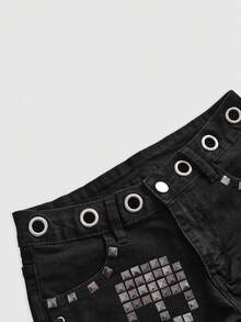ROMWE Grunge Punk 女款萬聖節龐克辣妹鉚釘十字串珠低腰牛仔迷你短褲 - 黑色 - 查看 3
