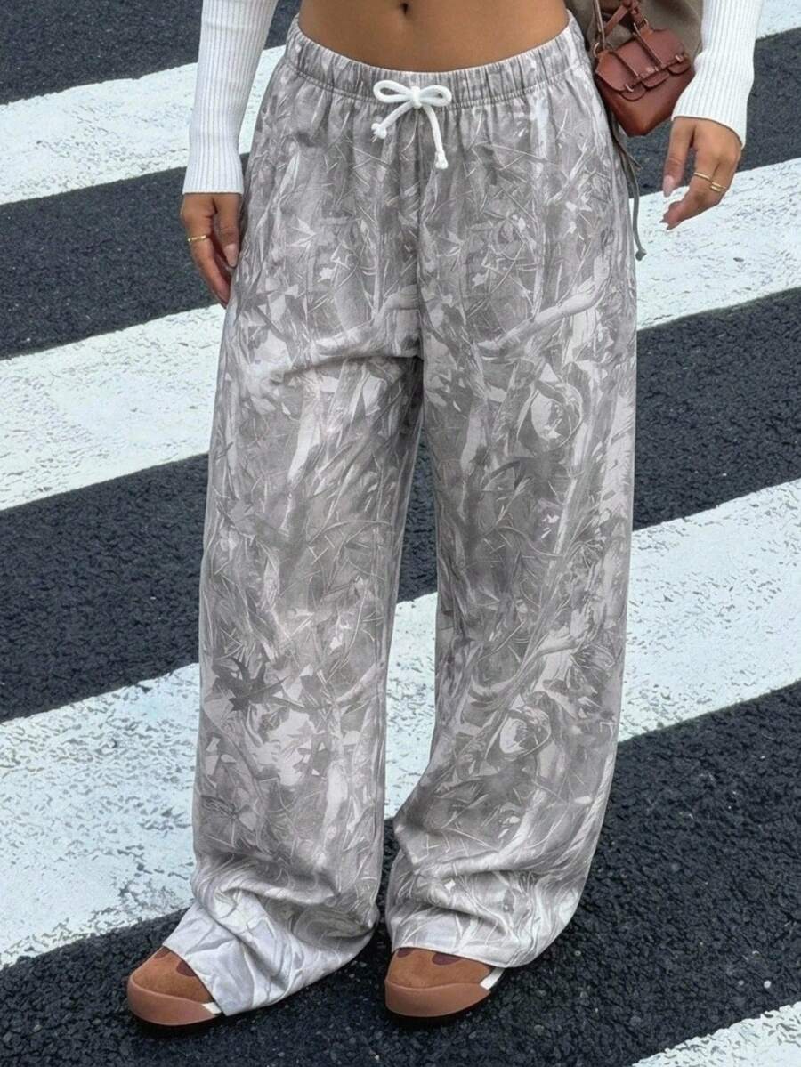 青少年女孩時尚熱銷印花乾葉印花寬鬆舒適休閒抽繩彈性腰直筒長褲秋冬服飾