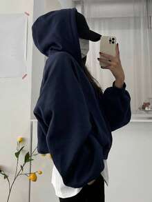 DAZY Women's Solid Color Hooded Oversized Cropped Sweatshirt Fall - Navy Blue - View 2