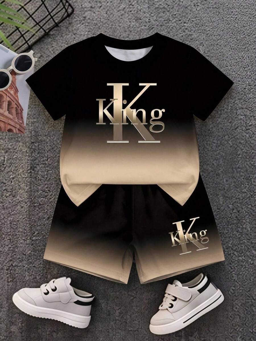 1套男嬰休閒時尚簡約字母KING印花漸層圓領短袖T恤與配套短褲軟綿套裝,黑色漸層卡其色 - 彩色 - 查看 1