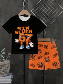 1 Set de camiseta de manga corta y pantalones cortos con estampado gráfico 67 para niños, color naranja y negro, adecuado para uso al aire libre, uso diario, deportes en primavera y verano - Multicolor - Ver 3
