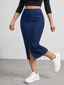 Flexra Women's Casual Washed Slit Slim Fit Denim Skirt Office Navy Blue Autumn - Blue - View 3