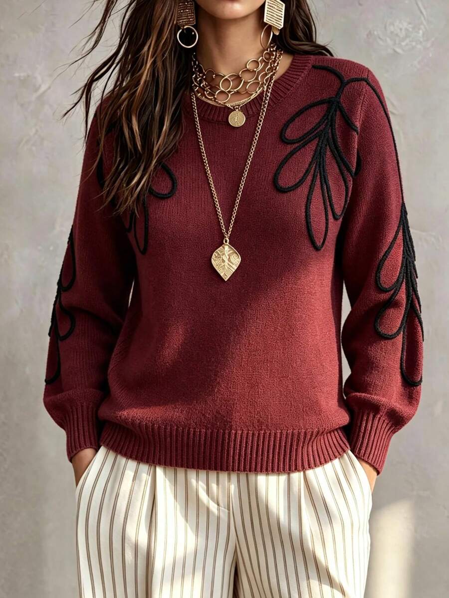 Linhara CURVE Plus Size Pullover Sweater, Solid Color Knit With Embroidery, Casual Elegant Autumn/Winter Sweater, Suitable For Back To School, Romantic Vacation, Office, Daily Commute - Burgundy - View 1