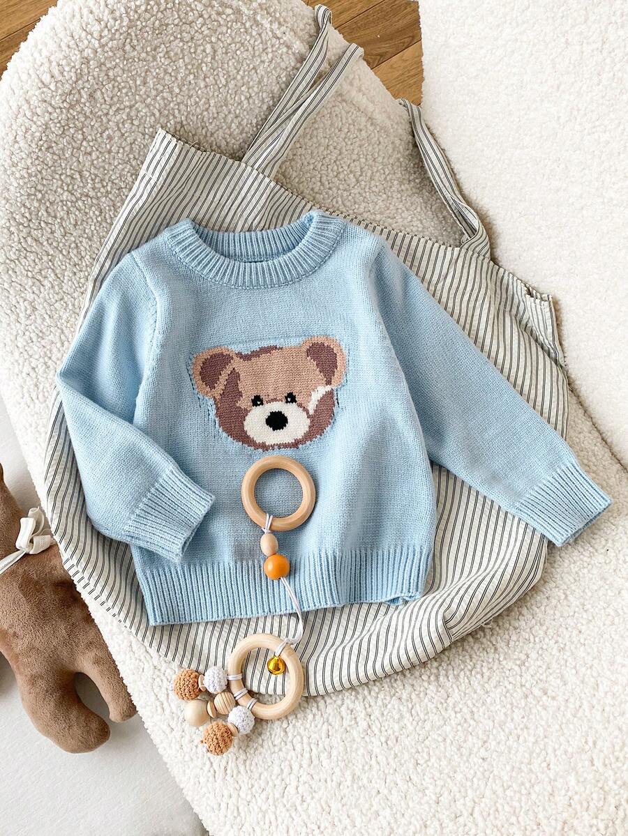 SHEIN Playful Pals 幼兒熊圖案嵌花針織毛衣，柔軟舒適，長袖套頭衫，可愛休閒風格，適合男嬰女嬰，柔軟舒適