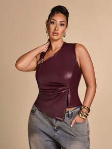 SHEIN BAE CURVE 大尺碼女款金屬扣飾百褶不對稱下擺上衣 冬季 - 酒紅色 - 查看 5
