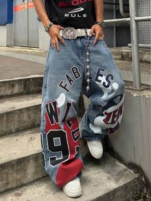 STEELVANCE 男士 Y2K 復古水洗寬鬆寬腿牛仔褲，字母與數字圖案印花嘻哈街頭風丹寧長褲（不含腰帶與配件） - 淺色水洗藍 - 查看 4