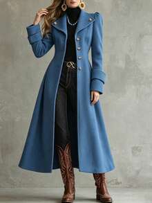 LUMIGAL Women's Wool Blend Long Coat With Large Lapel, Cinched Waist And Metal Button Decoration, Elegant Commuter Streetwear For Spring And Autumn - Blue - View 6