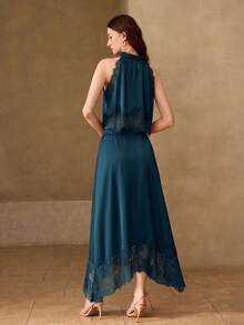 MOTF PREMIUM WOMEN'S 2 PIECES SET: LACE PATCHWORK TANK TOP & LACE PATCHWORK SKIRT - Teal Blue - View 3