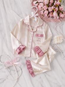 女嬰甜美粉色蝴蝶結印花長袖褲裝 2 件套居家服，秋季/冬季/四季皆宜 - 香檳色 - 查看 5