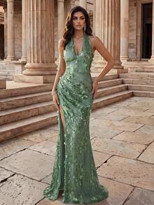 Coutiva Women's Lace Sequin 3D Floral Extra Long Fitted High Slit Evening Gown - Green - View 5