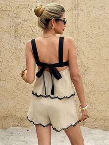 Muvela Aprikot gewebter Stoff Zweiteiler Lässig Träger-Camisole und Mini-Shorts ärmellos Farbblock Knoten-Details Damen Outfit Sommer - Aprikosenfarben - Übersicht 4