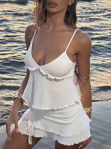 Sindi Myftari Women's Sexy & Sweet Drawstring Cake Pleated Skirt & Camisole 2 Pieces Set White Ruffle Set Elegant Summer - White - View 4