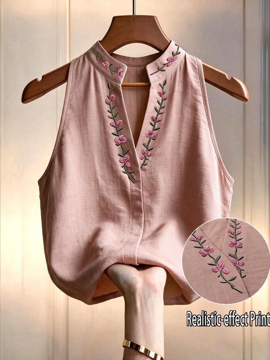 Elouméa 女款花卉刺繡立領無袖上衣,刺繡上衣,女款夏季穿搭,優雅上衣,通勤上班穿著 - 粉色 - 查看 1