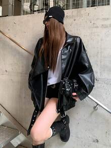 DAZY Jaket Lengan Panjang Gaya Jalanan Korea Wanita dengan Resleting dan Gesper Logam untuk Liburan Musim Gugur - Hitam - View 6