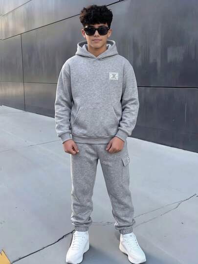 SHEIN 2pcs Kids Tween Boy Casual Sports Minimalist Versatile Solid Gray Hoodie Pullover Long Sleeve Sweatshirt And Pants Set, Suitable For Commuting, School, Daily Casual, Campus, Travel, Sports