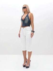 BABYPHAT Plus Size Capri Denim Jeans With Gold Cat Embroidery And Contrast Stitching Cuffed Hem - White - View 6