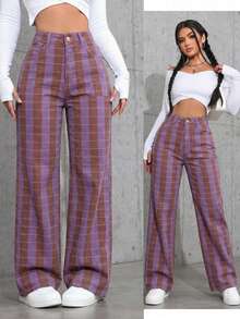 INAWLY Celana Jeans Denim Potongan Lurus dengan Garis-Garis Warna Kontras - MultiWarna - View 6