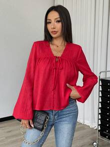 SHEIN 女款秋季休閒純色前綁帶襯衫 - 紅色 - 查看 5