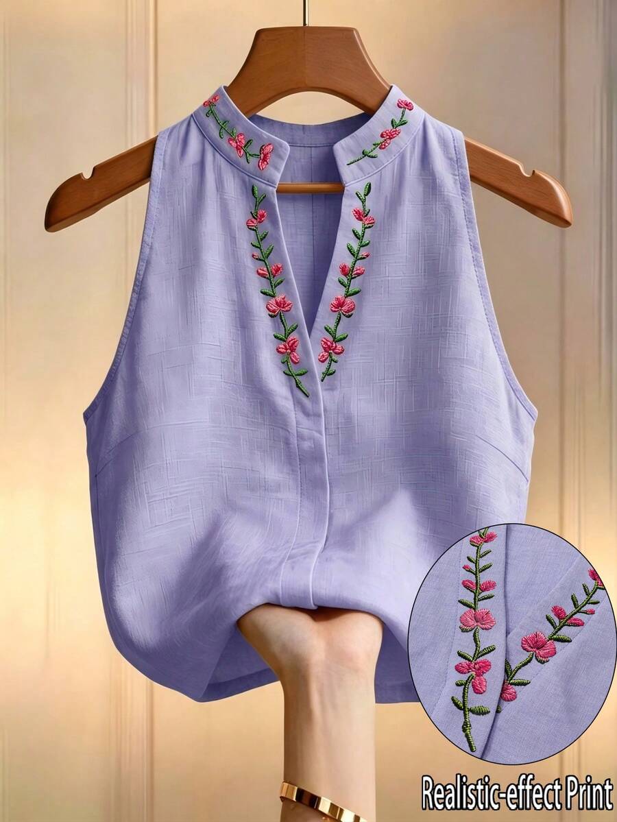 Louniche 女款無袖上衣 立領缺口領 花卉刺繡印花 紋理面料 優雅休閒背心 日常海灘度假外出穿著 - 淡紫色 - 查看 1