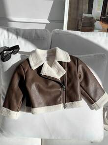 SHEIN 女嬰秋冬可愛百搭拼接色保暖內裡人造毛外套 - 鏽棕色 - 查看 5