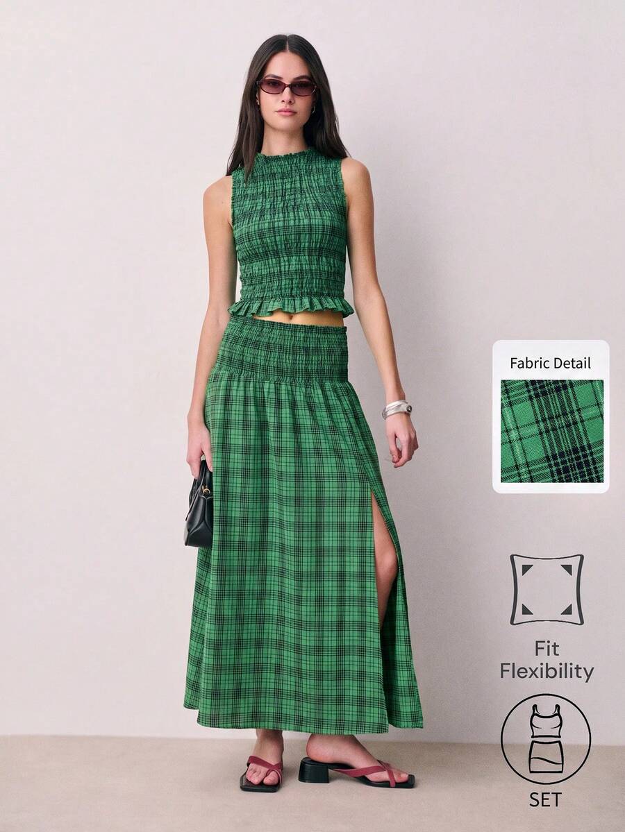 Nöista Conjunto de dos piezas a cuadros con detalle de volantes en la cintura. Verano, otoño, resort, casual chic, estilo de fiesta - Verde Oscuro - Ver 1