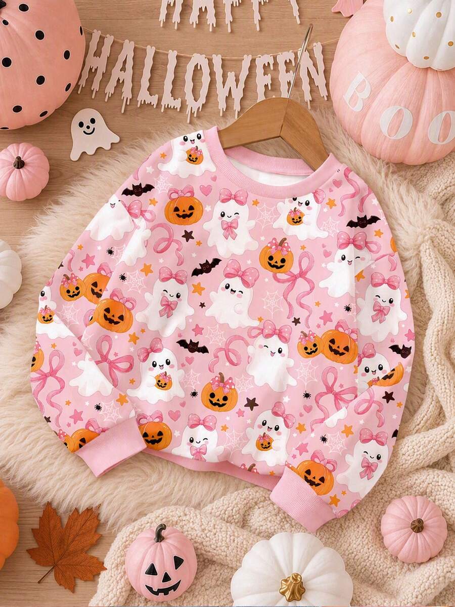 超可愛粉色萬聖節蝴蝶結南瓜、幽靈、蝙蝠圖案 Hey Bootiful! Trick Or Treat! 少女休閒款軟綿圓領套頭寬鬆加厚衛衣,適合秋冬日常、萬聖節、甜美風、南瓜季,BOO! 保暖內裡 - 彩色 - 查看 1