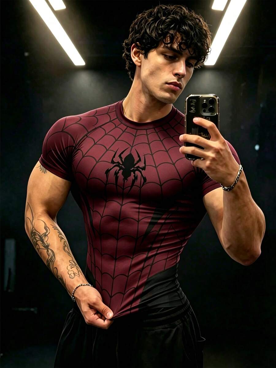 GymBeat 男士蜘蛛圖案休閒百搭日常通勤運動T恤 - 黑色 - 查看 1