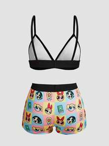 Chillnights THE POWERPUFF GIRLS X SHEIN 4pcs Plaid Camisole Bra & Hipster Panty Set - Multicolor - View 6