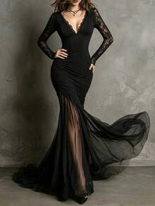 SHEIN Latest Women's Lace Mesh Patchwork Deep V-Neck Mermaid Dress, Made Of High Elasticity Slimming Fabric, V-Neck And Long Sleeves With Exquisite Lace Patchwork, Side Waist Ruched Design To Outline Body Curves, Hemline With See-Through Mesh Patchwork For Mermaid Effect, Creates A Sophisticated Atmosphere, Suitable For Dates, Parties, Evening Events And More - Black - View 4