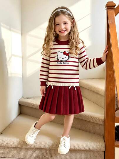 HELLO KITTY AND FRIENDS | SHEIN GraphicGems Young Girls Sweater Dresses 3D Towel Embroidery Design Polka Dot Bow Knit Sweater Dress Comfortable Soft Pink Beige All-Match Versatile Sweet Cute Casual Minimalist Daily Wear Suitable For Autumn Winter Travel