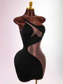 Amplova Mesh Patchwork Underwire One Shoulder Adjustable Strap Bodycon Bodycon Semi-Sheer Sexy Y2K Mini Dress For Women - Black - View 3