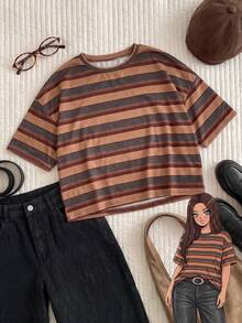 Comfortcana Yellow Solid Color Drop Shoulder Short Casual Plus Size T-Shirt - Brown - View 9
