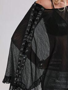 ROMWE Y2K Sexy Fishnet Hollow Out Cape Cover-Up Top For Women Plus Size - Black - View 13