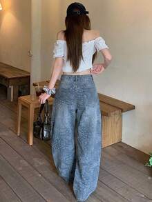 DAZY 女款條紋韓風寬鬆休閒牛仔長褲 - 藍色 - 查看 2