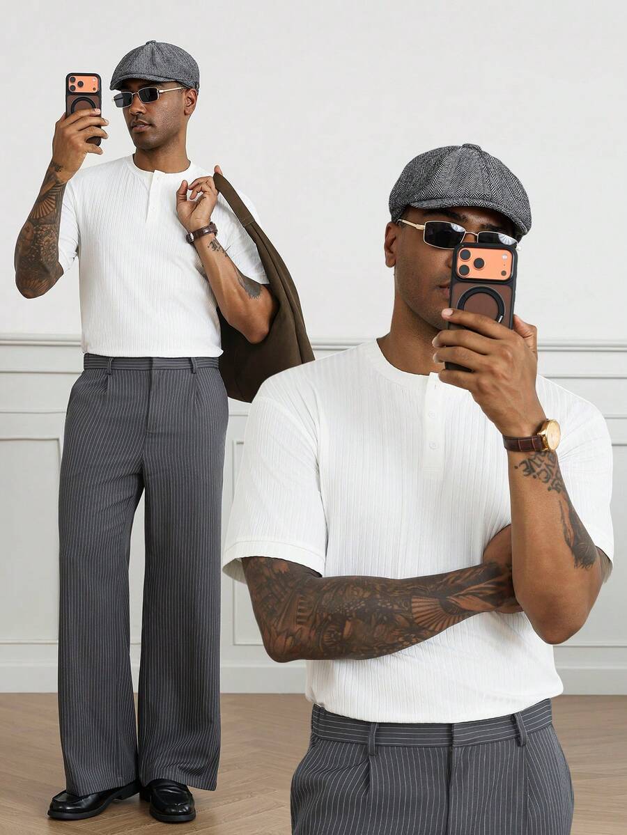 HUEFORM Men's Old Money Style White Vertical Ribbed Texture Pure Minimalist Mature Vintage Casual Commute Slim Fit Summer Versatile Short Sleeve T-Shirt Top - White - View 1